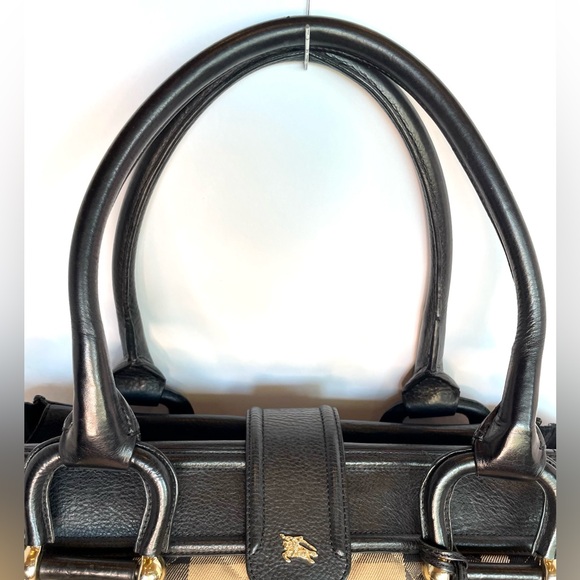Burberry Manor Satchel Nova Check Black Leather Trim Tote Bag Authentic - Picture 5 of 16
